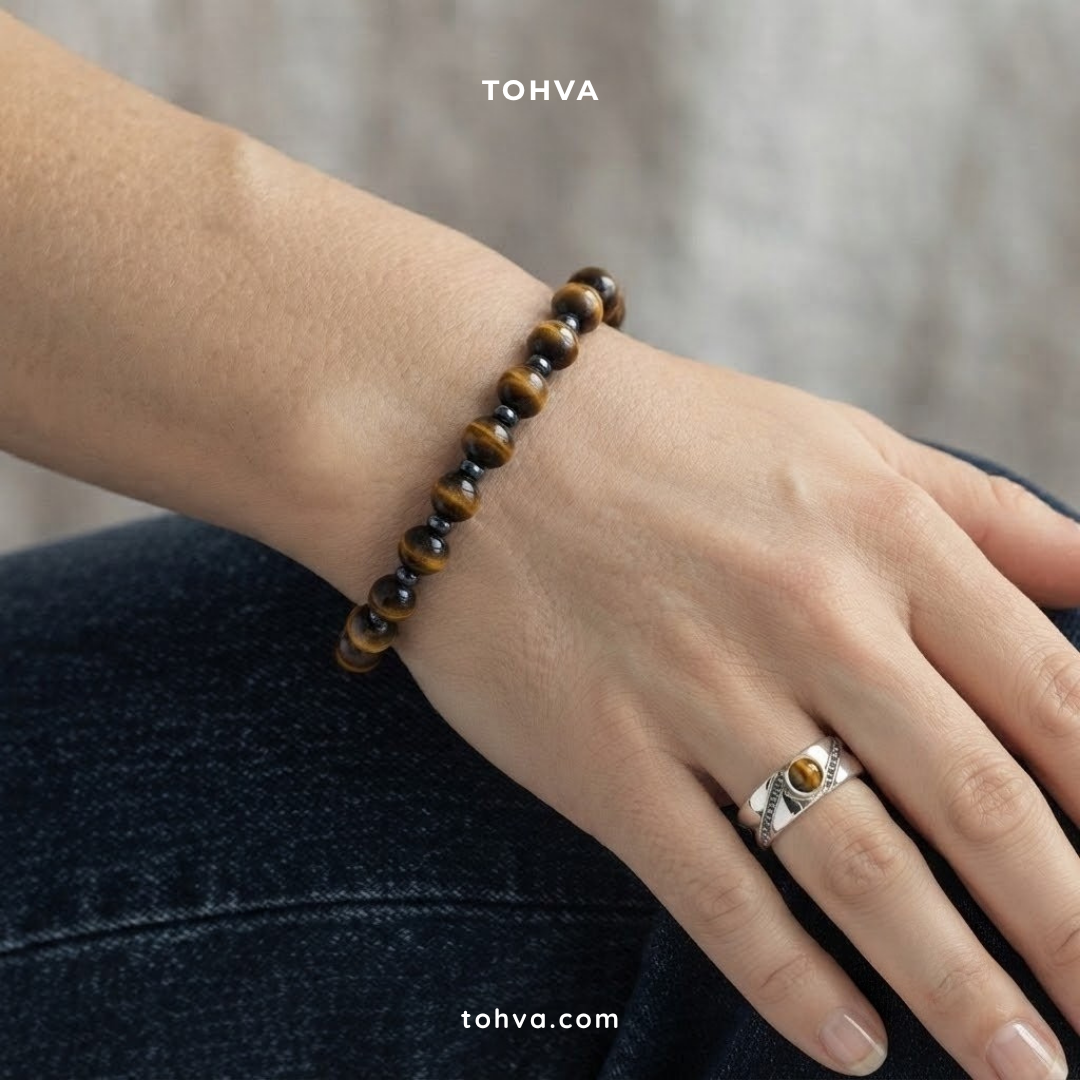 Tiger Eye + Hematite Natural Stone Bracelet | Certified Crystal Jewelry