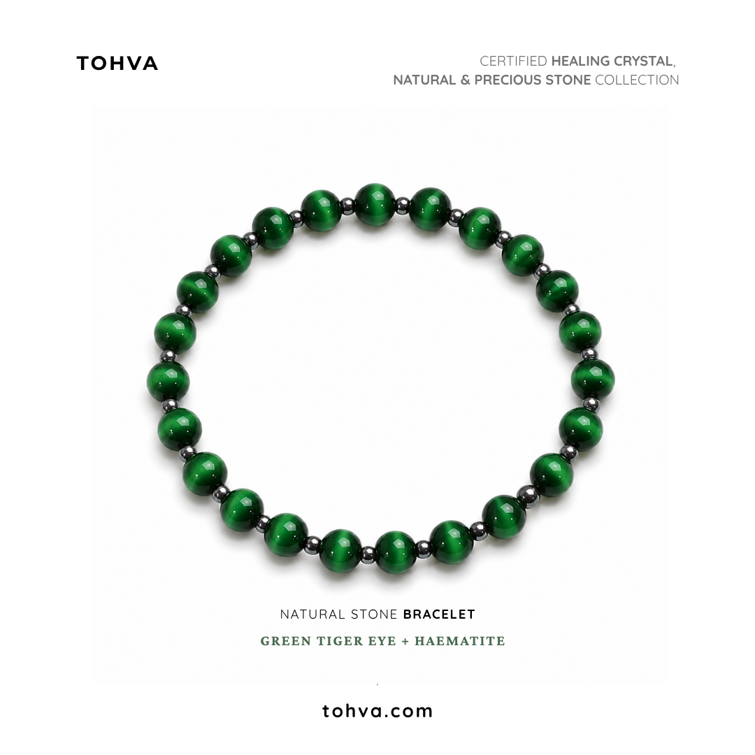 Green Tiger Eye + Hematite Natural Stone Bracelet | Certified Crystal Jewelry