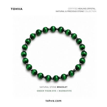 Green Tiger Eye + Hematite Natural Stone Bracelet | Certified Crystal Jewelry