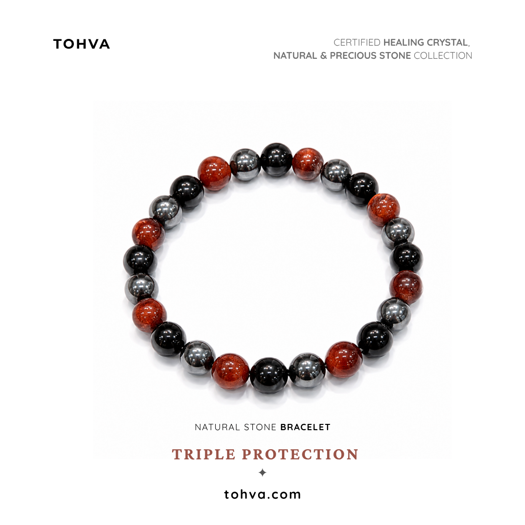 Triple Protection Natural Stone Bracelet | Red Tiger Eye, Silver Hematite & Black Tourmaline
