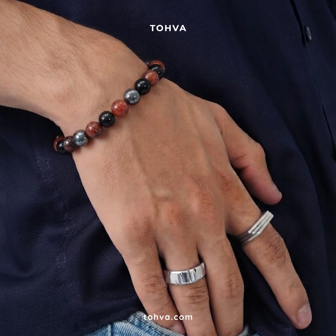 Triple Protection Natural Stone Bracelet | Red Tiger Eye, Silver Hematite & Black Tourmaline