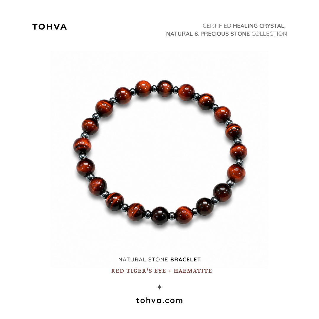 Red Tiger Eye + Hematite Natural Stone Bracelet | Certified Crystal Jewelry