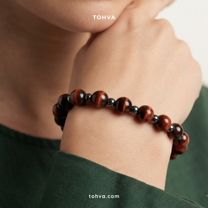 Red Tiger Eye + Hematite Natural Stone Bracelet | Certified Crystal Jewelry